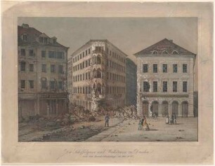 Zerstörte Häuser und Barrikaden nach dem Maiaufstand 1849 in Dresden, links der Eingang in die Scheffelgasse von der Wallstraße östlich des Postplatzes