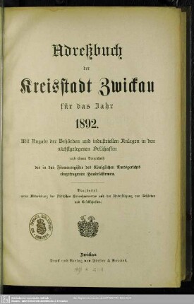 1892: Adreßbuch der Kreisstadt Zwickau