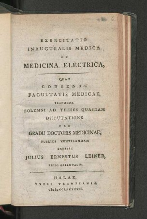 Exercitatio Inauguralis Medica De Medicina Electrica