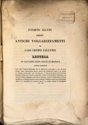 Intorno alcuni inediti antichi volgarizzamenti di Caio Crispo Salustio