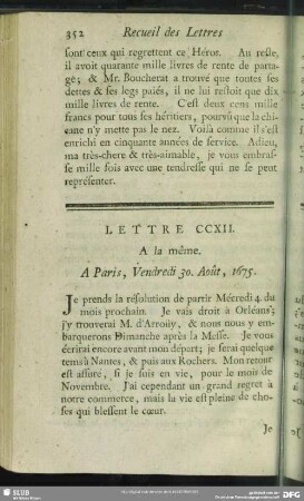 Lettre CCXII. A la même. A Paris, Vendredi 30. Août, 1675