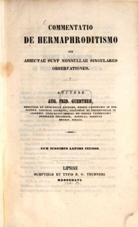 Commentatio de Hermaphroditismo, cui adjectae sunt nonnullae singulares observationes