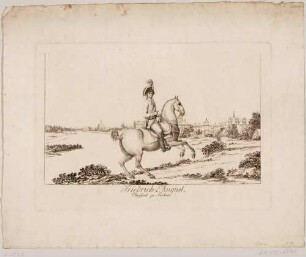 Reiterbildnis des Kurfürsten Friedrich August III. (des Gerechten) am Elbufer vor dem Schloss Pillnitz bei Dresden, im Hintergrund die Kirche "Maria am Wasser" in Hosterwitz