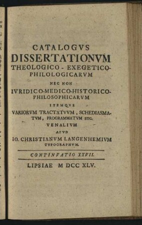 Continuatio XXVII. Lipsiae M DCC XLV.
