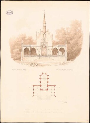 Schlosskapelle, Silbitz: Aufriss der Hauptfassade in Umgebung, Grundriss des Erdgeschosses, Maßstabsleisten