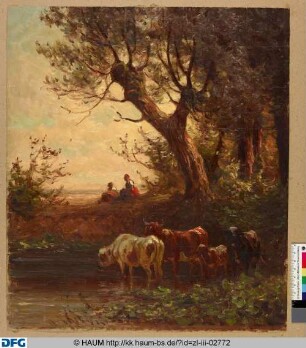 Rinder und Bäuerinnen an einem Weiher