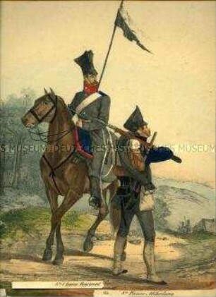 Uniformdarstellung, Ulan mit Lanzenflagge des 8. Ulanen-Regiments zu Pferd, Pionier der 8. Pionier-Abteilung, Preußen 1830. Aus: Elzholz u.a.: Das Preussische Heer. Tafel 65.