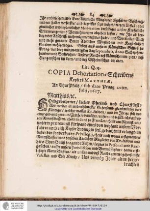 Lit: Q.q. COPIA Dehortation-Schreibens Keysers MATTHIAE, An ChurPfaltz/sub dato Praag 20ten. julij, 1617.