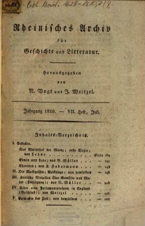 Rheinisches Archiv für Geschichte und Litteratur. 2. 1810, 4 = Heft 8 des Jahrgangs 1810 (Aug.)