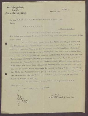 Schreiben von Eugen Schiffer und Friedrich Weinhausen an Constantin Fehrenbach, Beschwerde über zu häufige Ermahnungen in den Sitzungen der Nationalversammlung