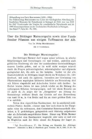 Über die Böttinger Marmorspalte sowie über Funde fossiler Pflanzen aus einigen Tuffmaaren der Alb [Bd. 77, 1921]