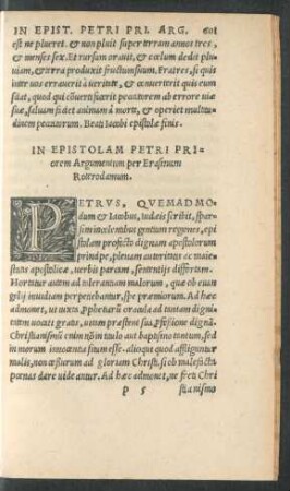 In Epistolam Petri Priorem Argumentum per Erasmum Roterodamum.