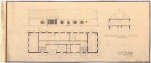 Grünflächen am Bereitschaftslager der Sprengchemie, Oderberg: Bereitschaftslager Damm II, Sanitätshaus: Grundriss, Ansicht und Schnitt 1:100 (Zeichnung des Architekten)