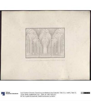 Sammlung architektonischer Entwürfe. Tafel 33 ( = Heft 5, Tafel 33, 1824): Berlin, Spittelmarkt. Entwurf zur Gertraudenkirche. Innenansicht, Blick durch das Langhaus zum Chor
