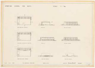 Sportfield Kairo Sporting School for Boys: Big Gymnasium, Cover Street, 3 Grundrisse Ground Floor, 2 Schnitte Section A-B, Section C-D, 4 Ansichten North-east-Elevation, North-west-Elevation, South-east-Elevation, South-west-Elevation 1:500