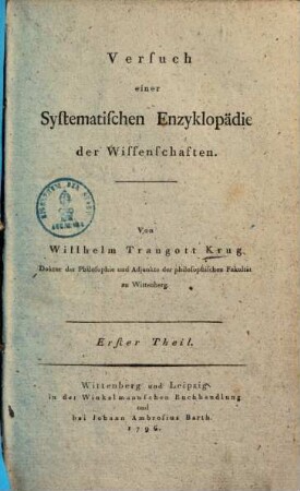 Versuch einer systematischen Enzyklopädie der Wissenschaften. 1