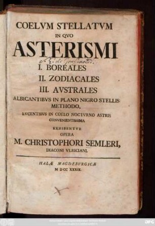Coelvm Stellatvm : In Qvo Asterismi I. Boreales II. Zodiacales III. Avstrales ; Albicantibvs In Plano Nigro Stellis Methodo, Lvcentibvs In Coelo Noctvrno Astris Convenientissima Exhibentvr