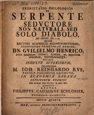 Exercitatio Philologica De Serpente Sedvctore Non Natvrali, Sed Solo Diabolo, Ad Genes. III. 1 - 15