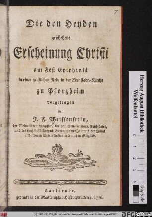 Die den Heyden geschehene Erscheinung Christi am Fest Epiphaniä