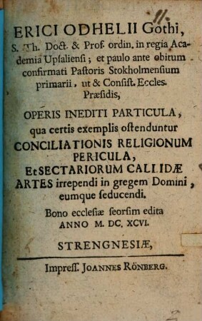 Operis inediti particula, qua certis exemplis ostenduntur conciliationis religionum pericula ...