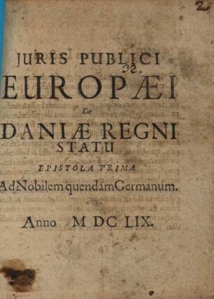 Juris Publici Europæi De Daniæ Regni Statu Epistola Prima