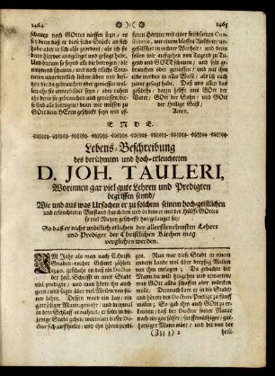 Lebens-Beschreibung des berühmten und hoch-erleuchteten D. Joh. Tauleri, Worinnen gar viel gute Lehren und Predigten begriffen seynd ...