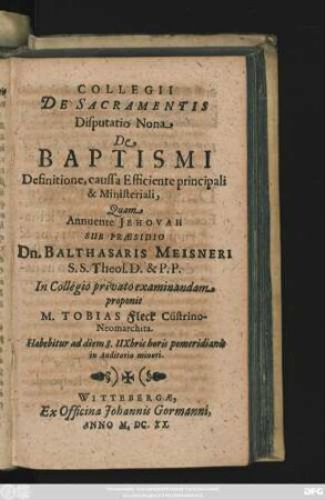 9: De Baptismi Definitione, caussa Efficiente principali & Ministeriali