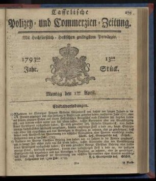 13tes Stueck, Montag den 1ten April. 1793