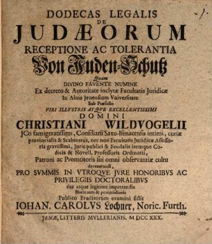 Dodecas Legalis De Judaeorum Receptione Ac Tolerantia : Von Juden-Schutz