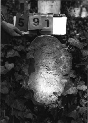 Grabstein 591 (Index: 99789044) Material: Sandstein Zustand: verwittert mit vollständigem Textverlust Maße HxBxT: 64x38x9 cm Besonderheit: Kindergrab: Grabstein 591