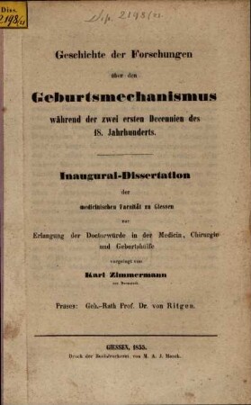 Geschichte der Forschungen über den Geburtsmechanismus während der zwei ersten Decennien des 18. Jahrhunderts