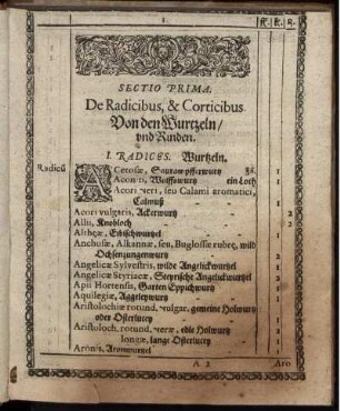 Sectio Prima. De Radicibus, & Corticibus. Von den Wurtzeln, und Rinden. - Sectio X. De Simplicibus ex Animalibus desumtis. Von einfachen Stucken, so von den Thieren genommen sind.