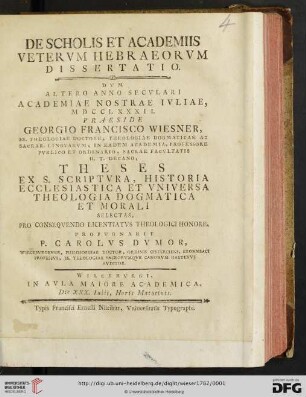 De Scholis Et Academiis Vetervm Hebraeorvm Dissertatio : Dvm Altero Anno Secvlari Academiae Nostrae Ivliae, MDCCLXXXII.