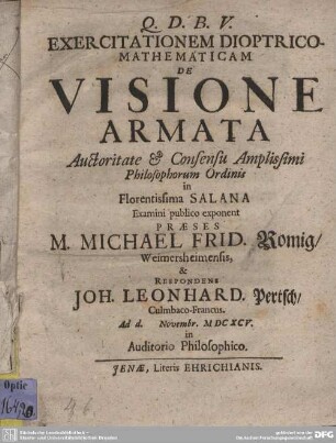 Exercitationem Dioptrico-Mathematicam De Visione Armata