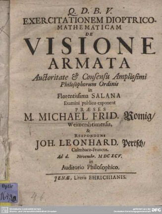 Exercitationem Dioptrico-Mathematicam De Visione Armata