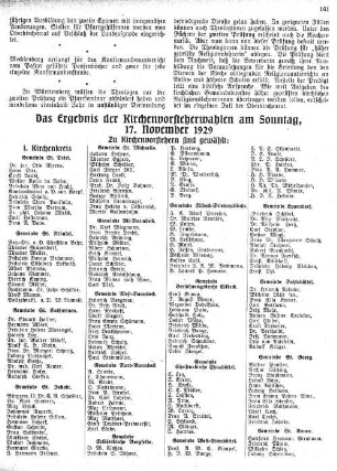 Das Ergebnis der Kirchenvorsteherwahlen am Sonntag, 17. November 1929
