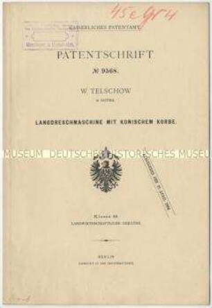 Patentschrift einer Langdreschmaschine mit konischem Korb, Patent-Nr. 9568