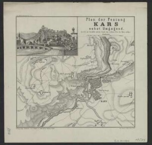 Plan der Festung Kars, Türkei, nebst Umgegend, 1:25 000, Lithographie, 1877 : Plan der Festung Kars nebst Umgegend / Lith. Institut von Wilh. Greve. - [Ca. 1:25 000]. - Berlin : Mittler , 1877. - 1 Kt. : Lithogr. ; 26 x 20 cm. - Maßstab in graph. Form. - Mit 1 Nebenkt.: Ansicht der Citadelle und der Stadt vom rechten Ufer des Kars-tschai. - Aus: Militair-Wochenblatt