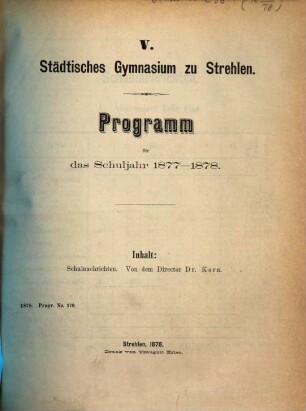 Programm : für das Schuljahr .... 1877/78