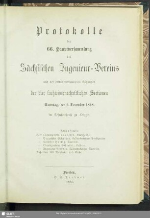 66.1869: Protokoll der ... Hauptversammlung des Sächsischen Ingenieur-Vereins
