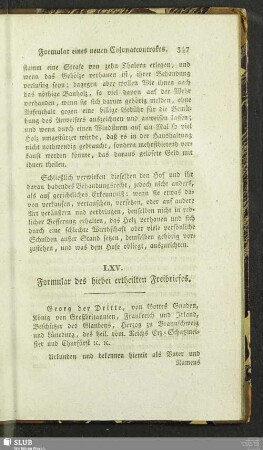 LXV. Formular des hiebei ertheilten Freibriefes