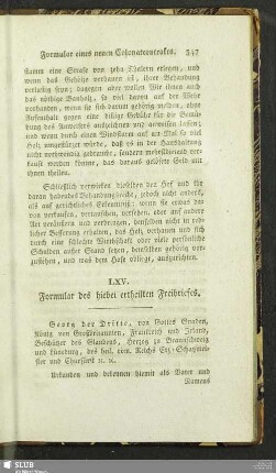 LXV. Formular des hiebei ertheilten Freibriefes