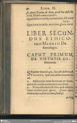 Liber Secundus Ethicorum Maurit: De Aretologia