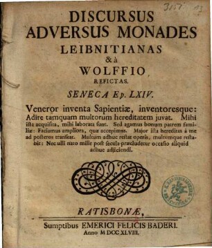Discursus Adversus Monades Leibnitianas & à Wolffio Refictas