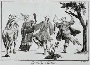 Inventions chinoises, Sinesische Täntzer : Weigel, Johann Christoph: Sinesische Täntzer. Aus: Inventions chinoises XVI, Blatt 5. Kupferstich, koloriert; 145 x 192 mm. Dresden: Kupferstich-Kabinett in B 1156,2 (XIV)