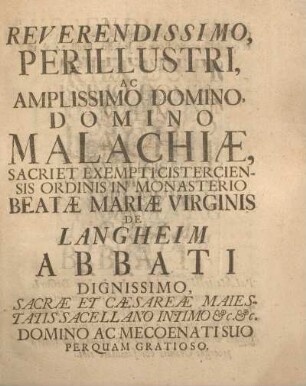 Reverendissimo, perillustri, ac amplissimo Domino, Domino Malachiæ, ...