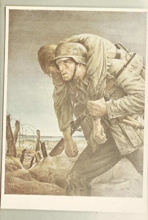 Reproduktionen für Diavorträge. Druck nach einem Gemälde mit der Darstellung eines Soldaten, der einen Verwundeten vom Schlachtfeld trägt