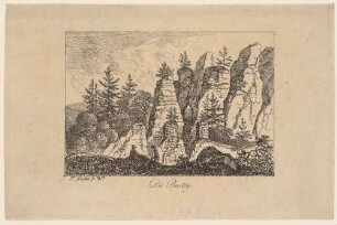 Die Bastei in der Sächsischen Schweiz, Blick auf das Neurathener Felsentor ohne Brücke und Stege, mit alten Festungsrelikten (gemauerte Stützen), Blick nach Osten