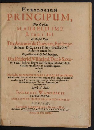 Horologium Principum, Sive de vita M. Aurelii Imp. Libri III