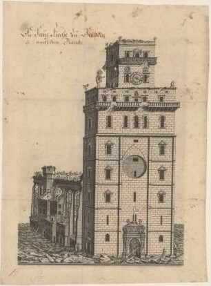 Die Ruine der Kreuzkirche in Dresden nach der Beschießung und dem Einsturz im Siebenjährigen Krieg 1760